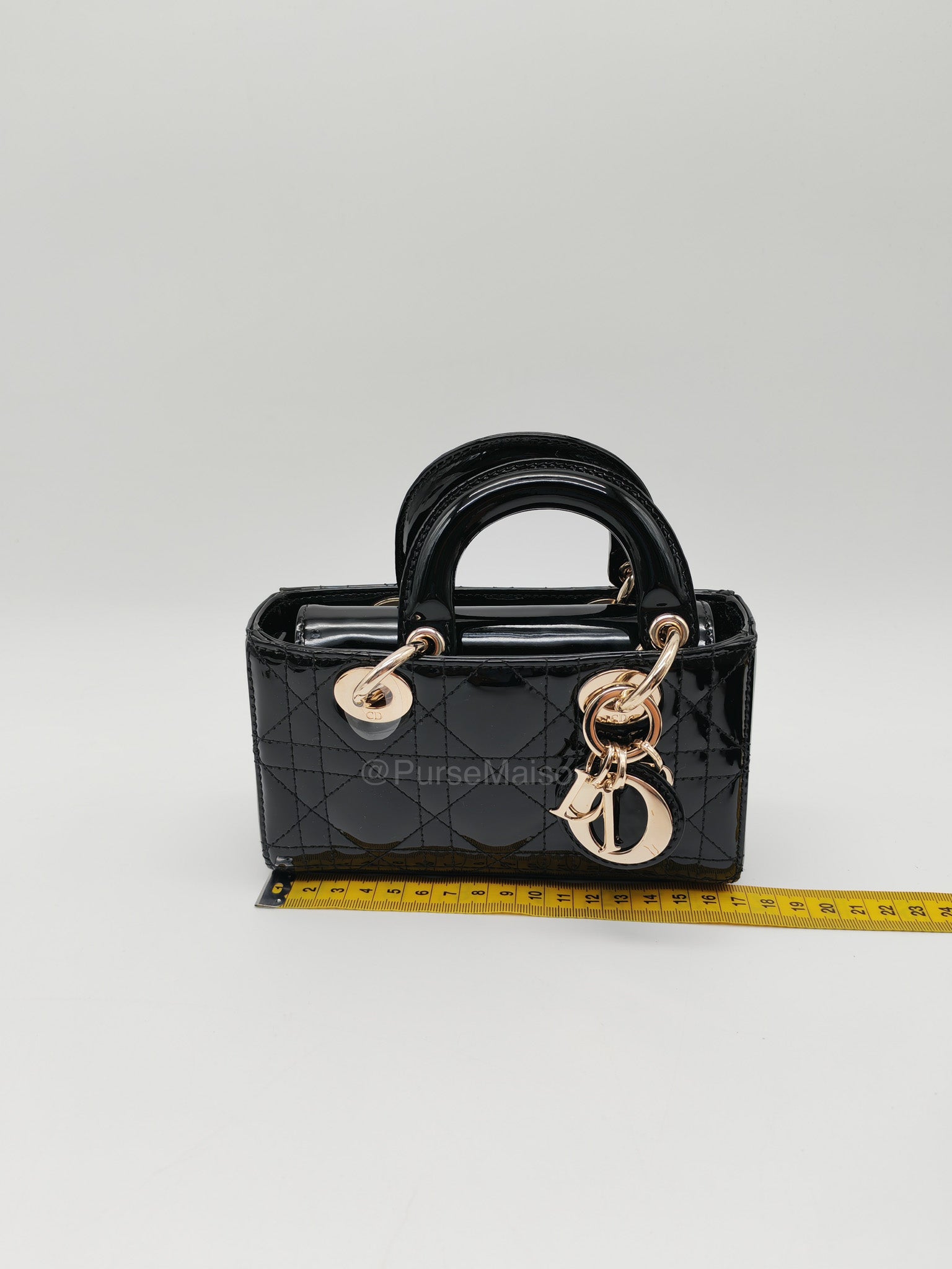 Christian Dior Lady D-Joy Micro in Black Patent Cannage Calfskin Leather and Light Gold Hardware