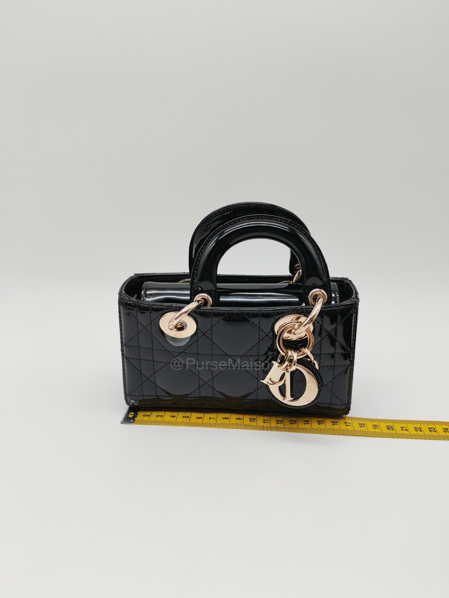 Christian Dior Lady D-Joy Micro in Black Patent Cannage Calfskin Leather and Light Gold Hardware