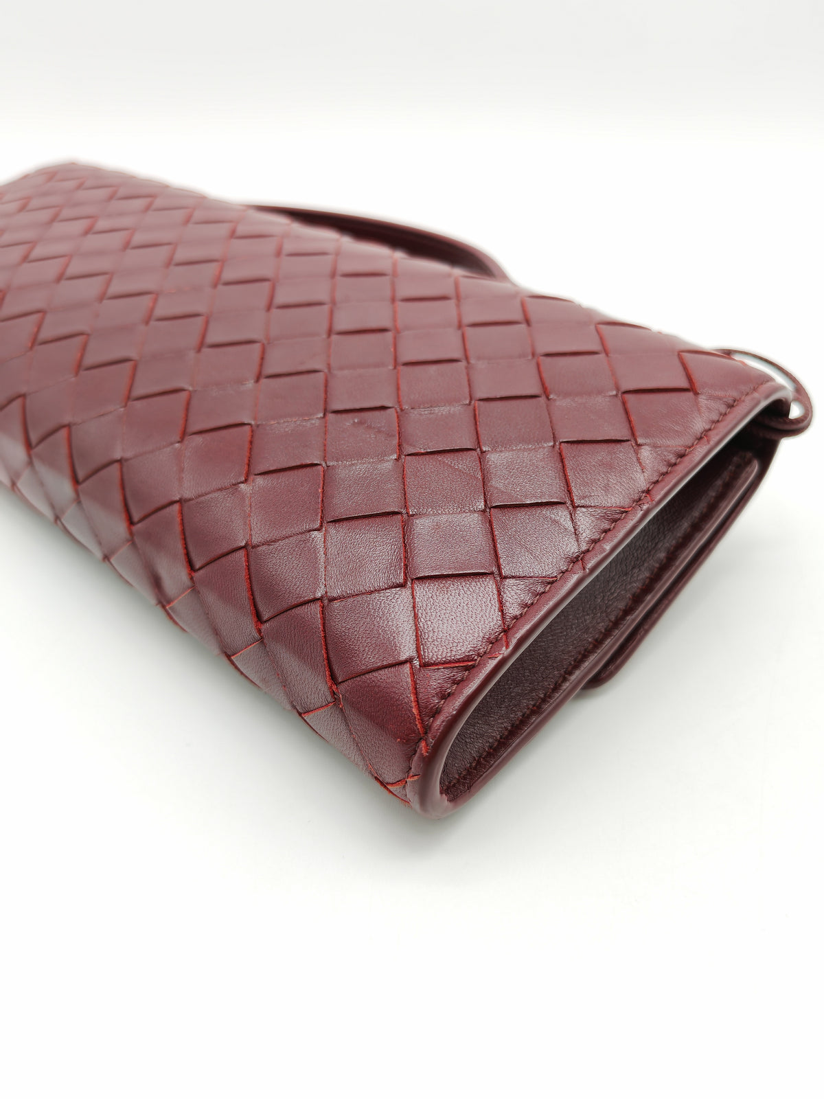 Bottega Veneta Andiamo Clutch in Barolo Woven Intrecciato Lambskin Leather and Gold Hardware