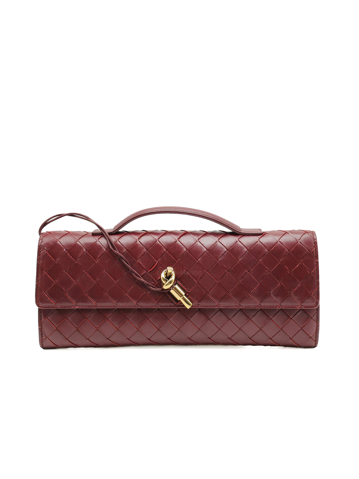 Bottega Veneta Andiamo Clutch in Barolo Woven Intrecciato Lambskin Leather and Gold Hardware