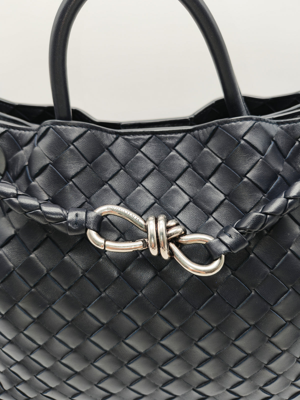 Bottega Veneta Andiamo Medium in Dark Blue Intrecciato Leather and Silver Hardware