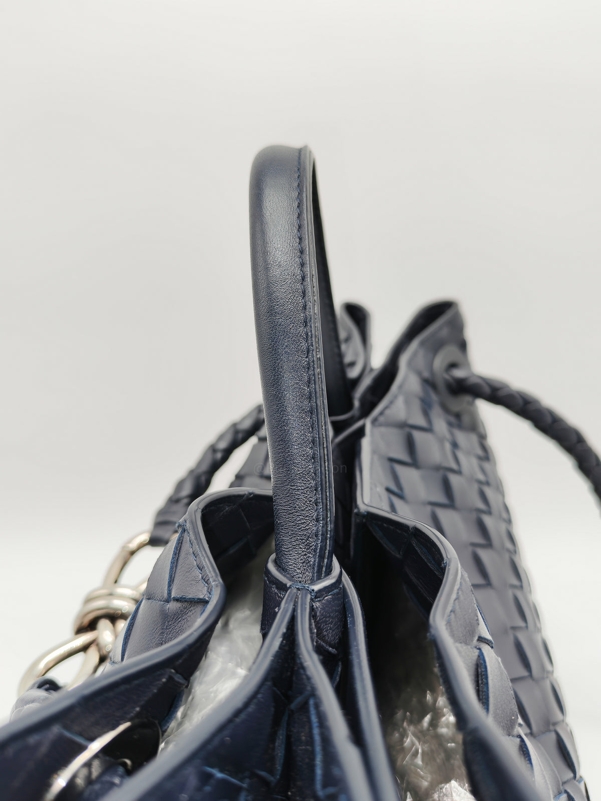 Bottega Veneta Andiamo Medium in Dark Blue Intrecciato Leather and Silver Hardware