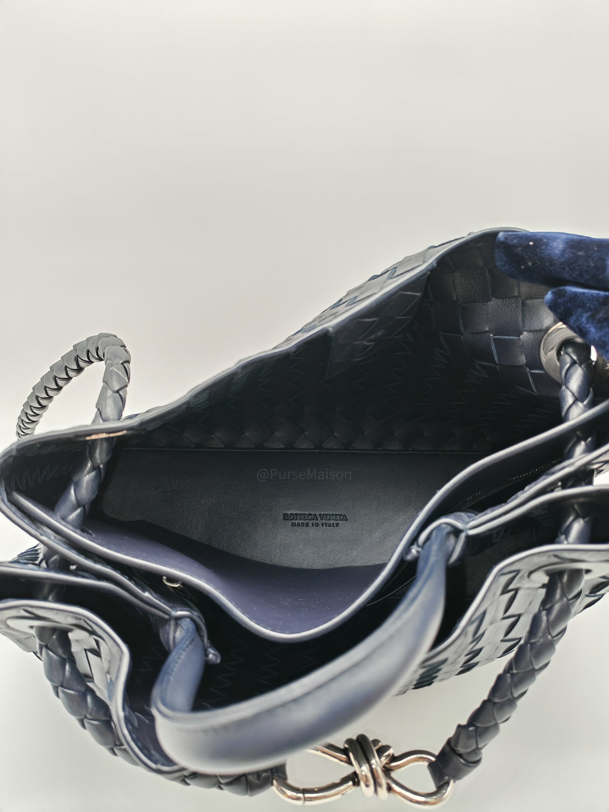 Bottega Veneta Andiamo Medium in Dark Blue Intrecciato Leather and Silver Hardware