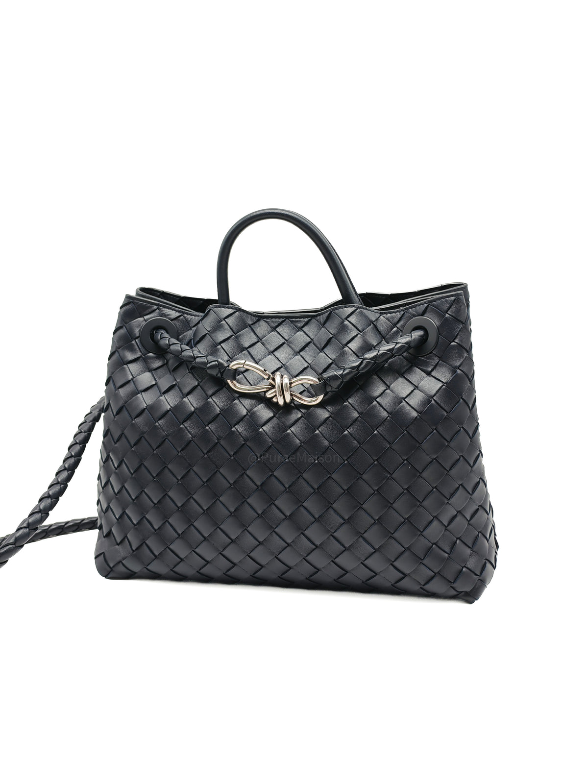 Bottega Veneta Andiamo Medium in Dark Blue Intrecciato Leather and Silver Hardware