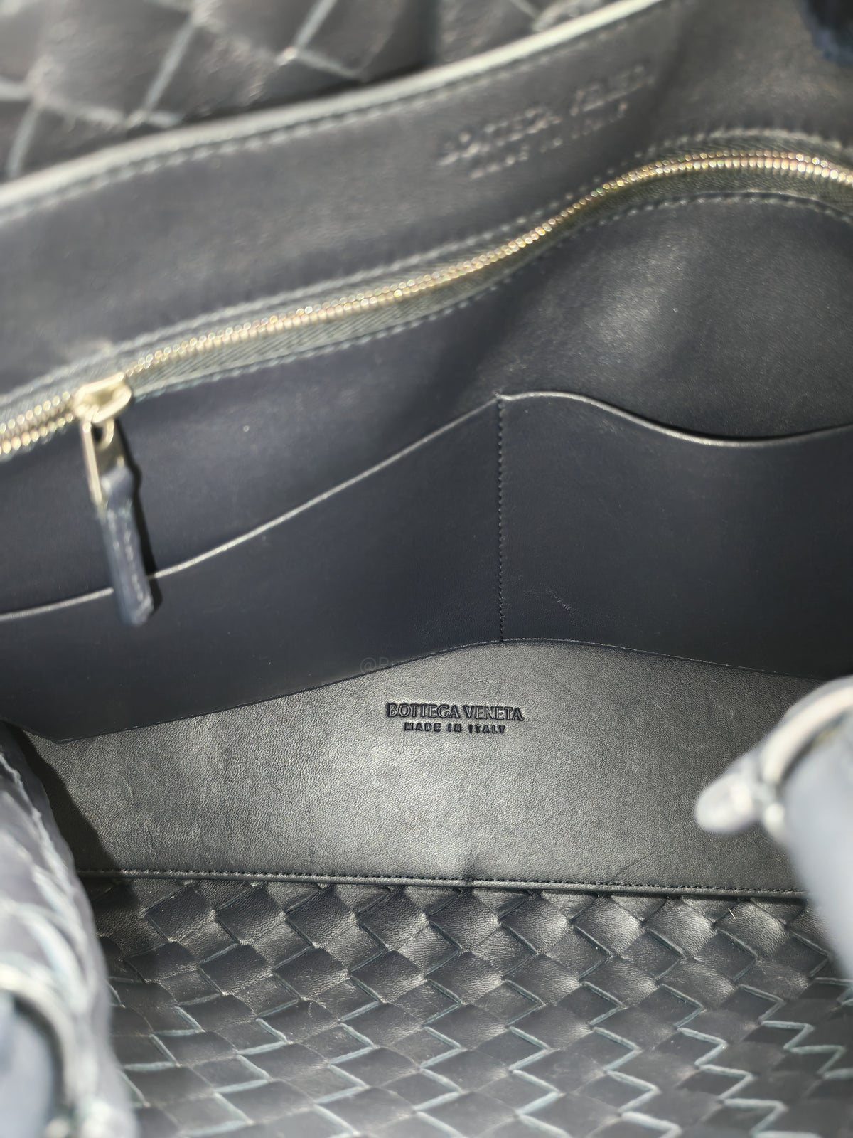 Bottega Veneta Andiamo Medium in Dark Blue Intrecciato Leather and Silver Hardware