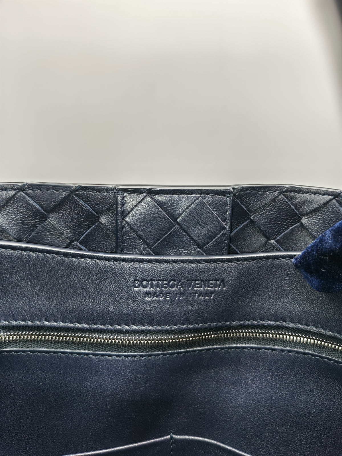Bottega Veneta Andiamo Medium in Dark Blue Intrecciato Leather and Silver Hardware