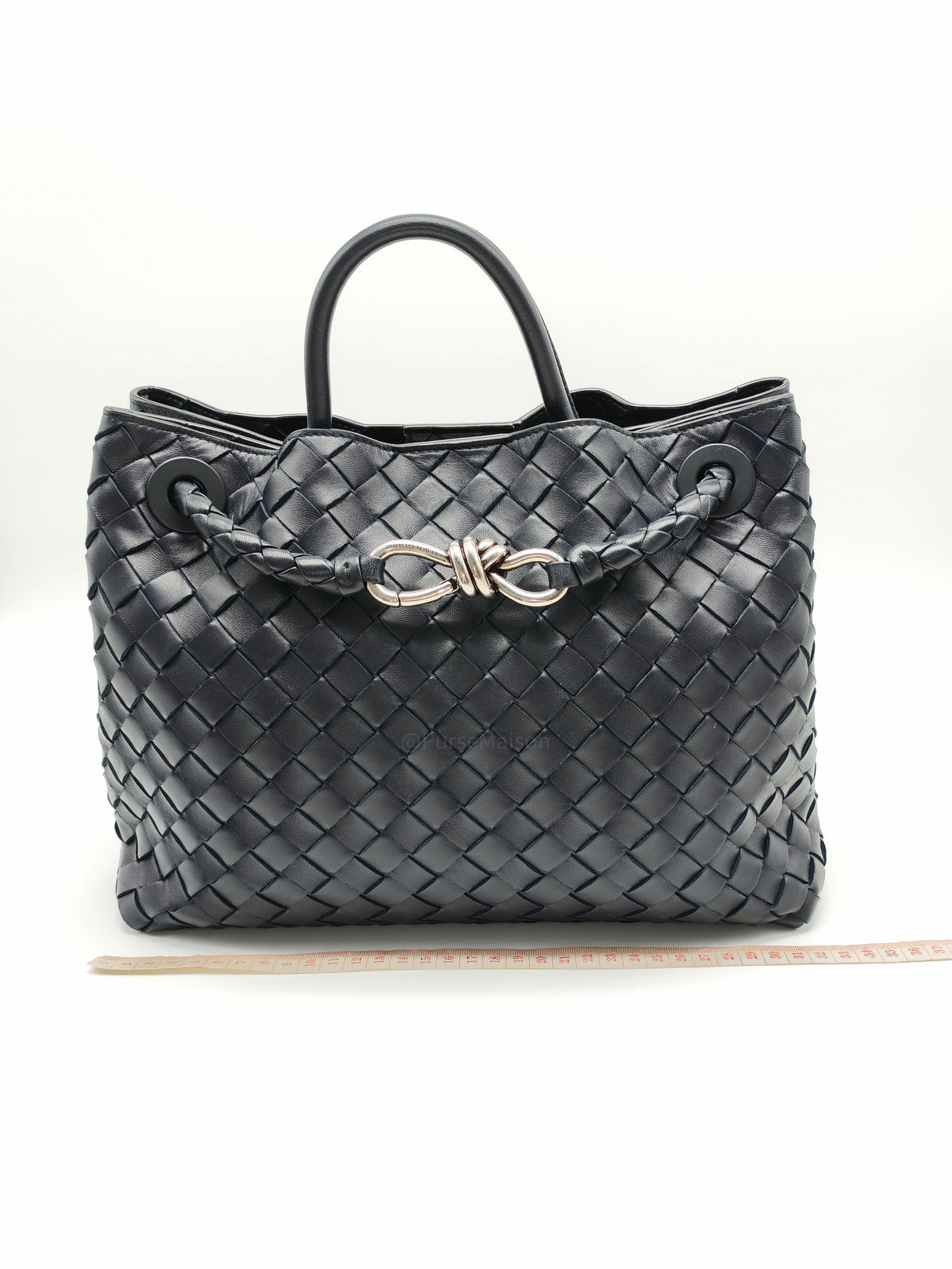 Bottega Veneta Andiamo Medium in Dark Blue Intrecciato Leather and Silver Hardware