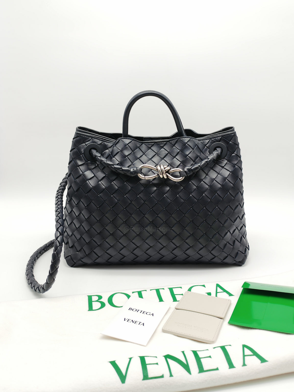 Bottega Veneta Andiamo Medium in Dark Blue Intrecciato Leather and Silver Hardware