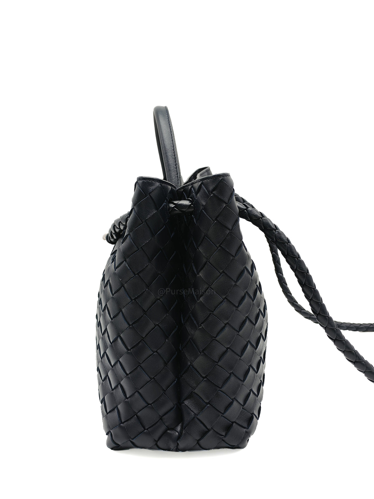 Bottega Veneta Andiamo Medium in Dark Blue Intrecciato Leather and Silver Hardware