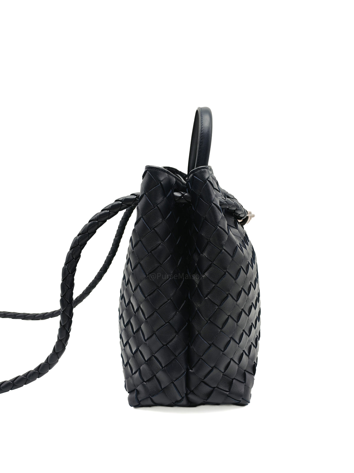 Bottega Veneta Andiamo Medium in Dark Blue Intrecciato Leather and Silver Hardware