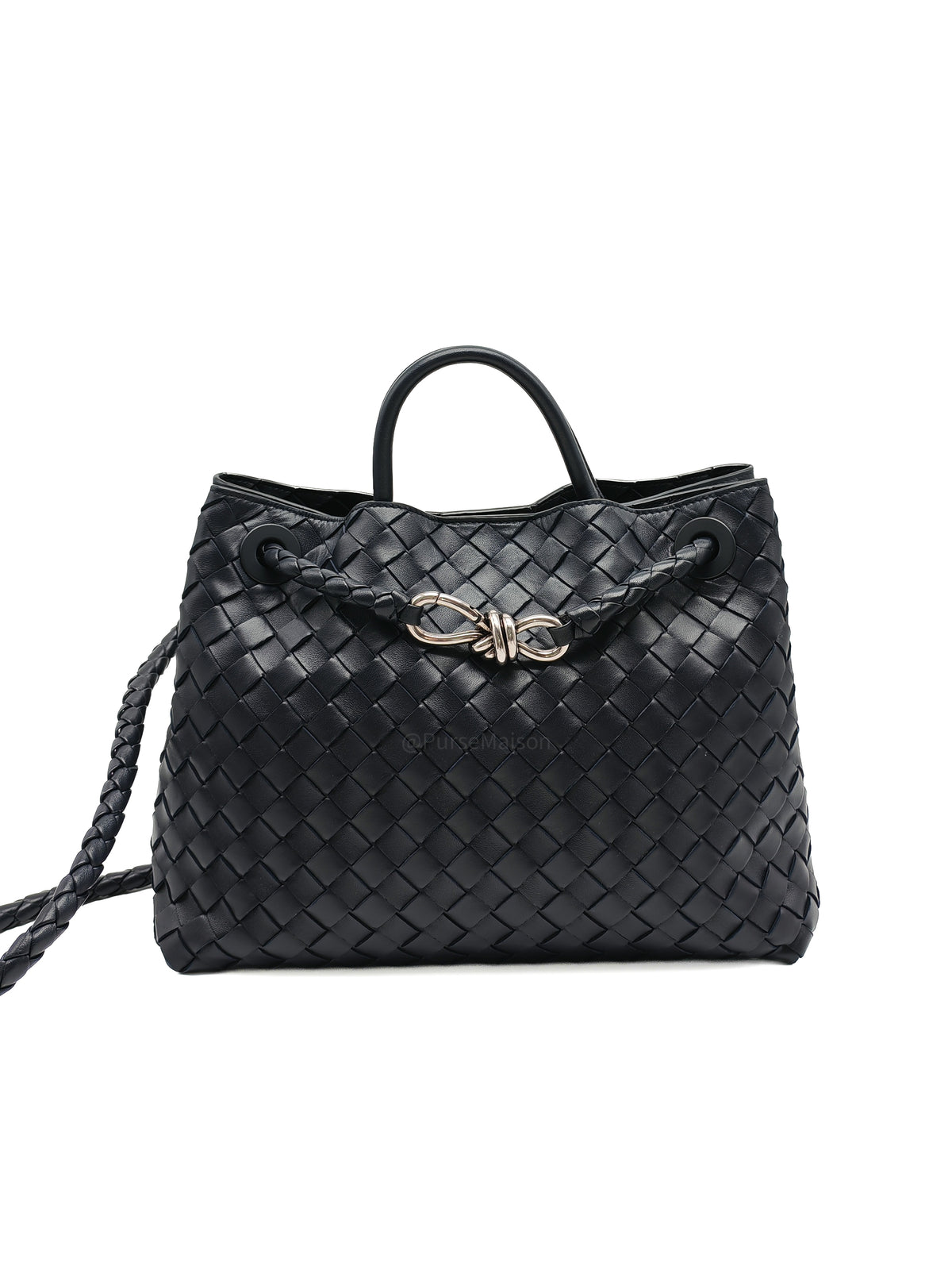Bottega Veneta Andiamo Medium in Dark Blue Intrecciato Leather and Silver Hardware