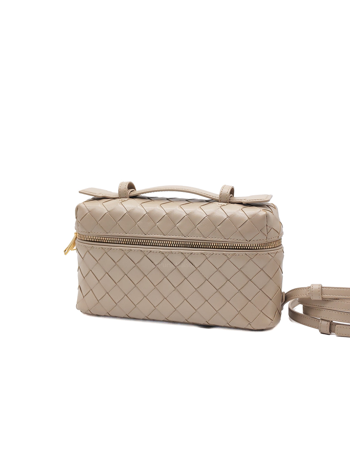 Bottega Veneta Bang Bang Vanity Case Bag in Beige Woven Intrecciato Calfskin Leather and Gold Hardware