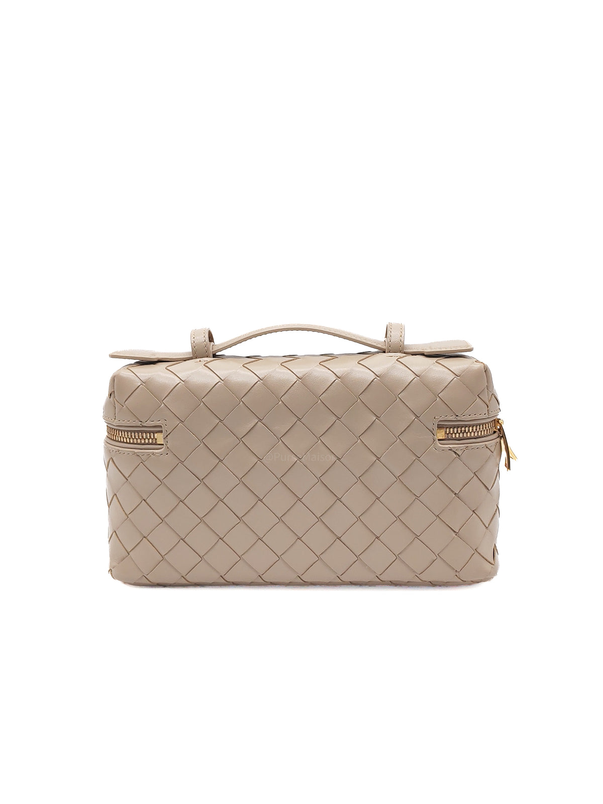 Bottega Veneta Bang Bang Vanity Case Bag in Beige Woven Intrecciato Calfskin Leather and Gold Hardware