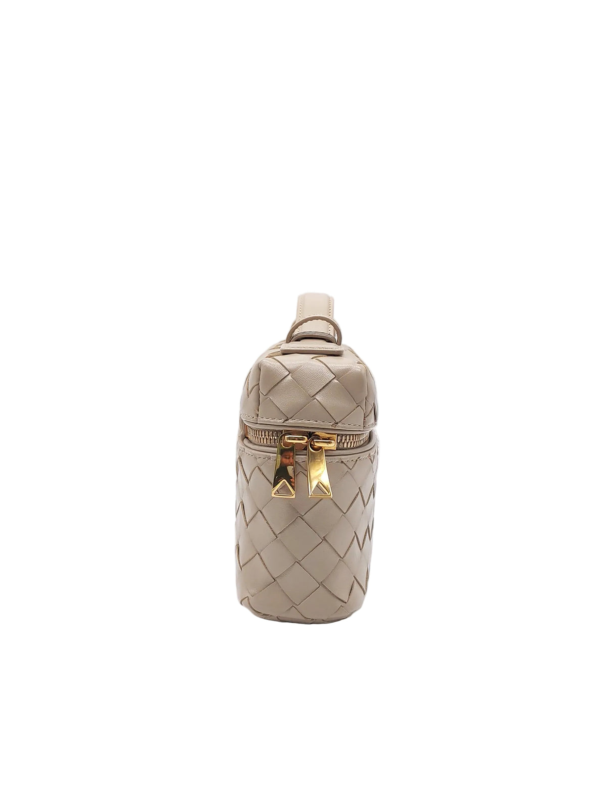 Bottega Veneta Bang Bang Vanity Case Bag in Beige Woven Intrecciato Calfskin Leather and Gold Hardware