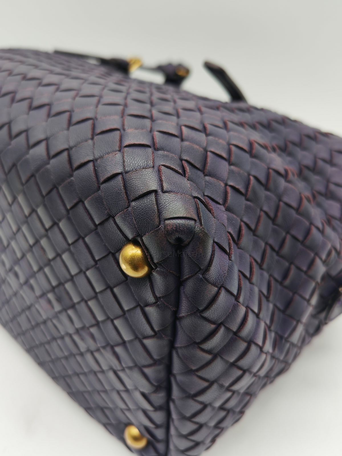 Bottega Veneta Montaigne Satchel Bag in Purple Intrecciato Woven Leather and Aged Gold Hardware