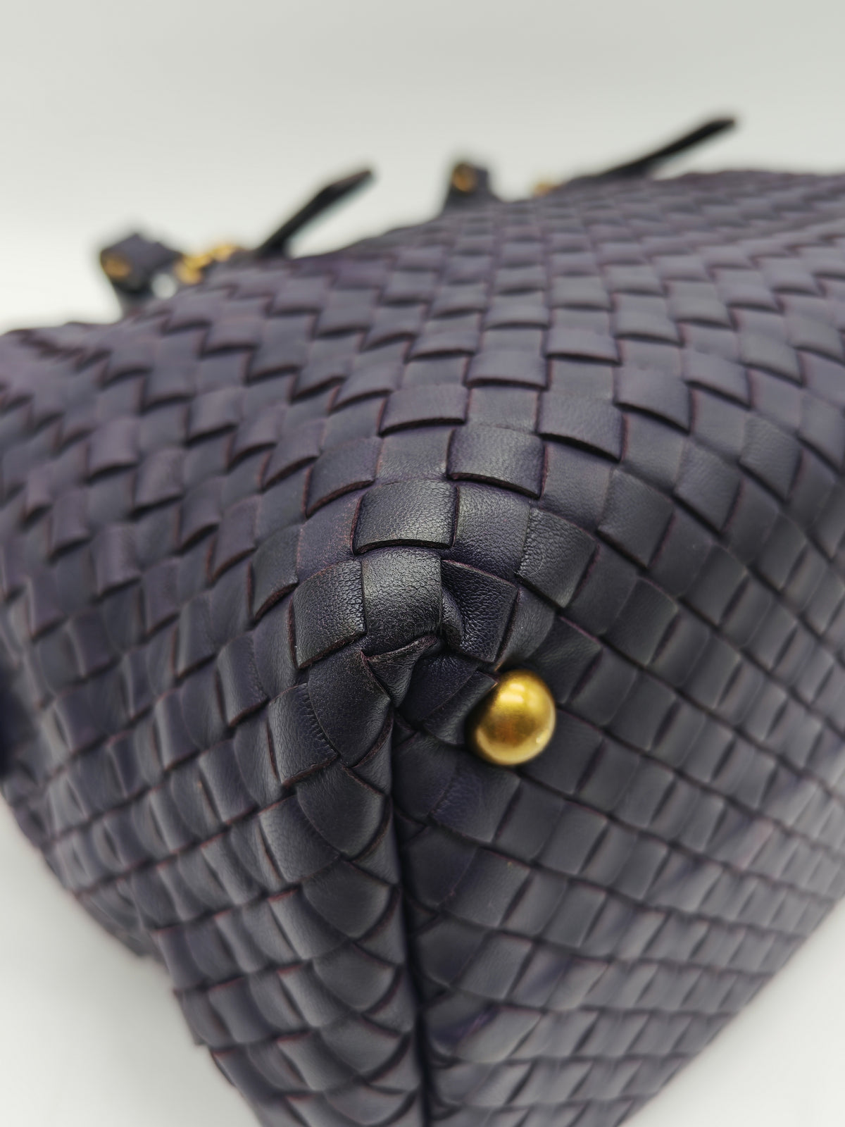 Bottega Veneta Montaigne Satchel Bag in Purple Intrecciato Woven Leather and Aged Gold Hardware