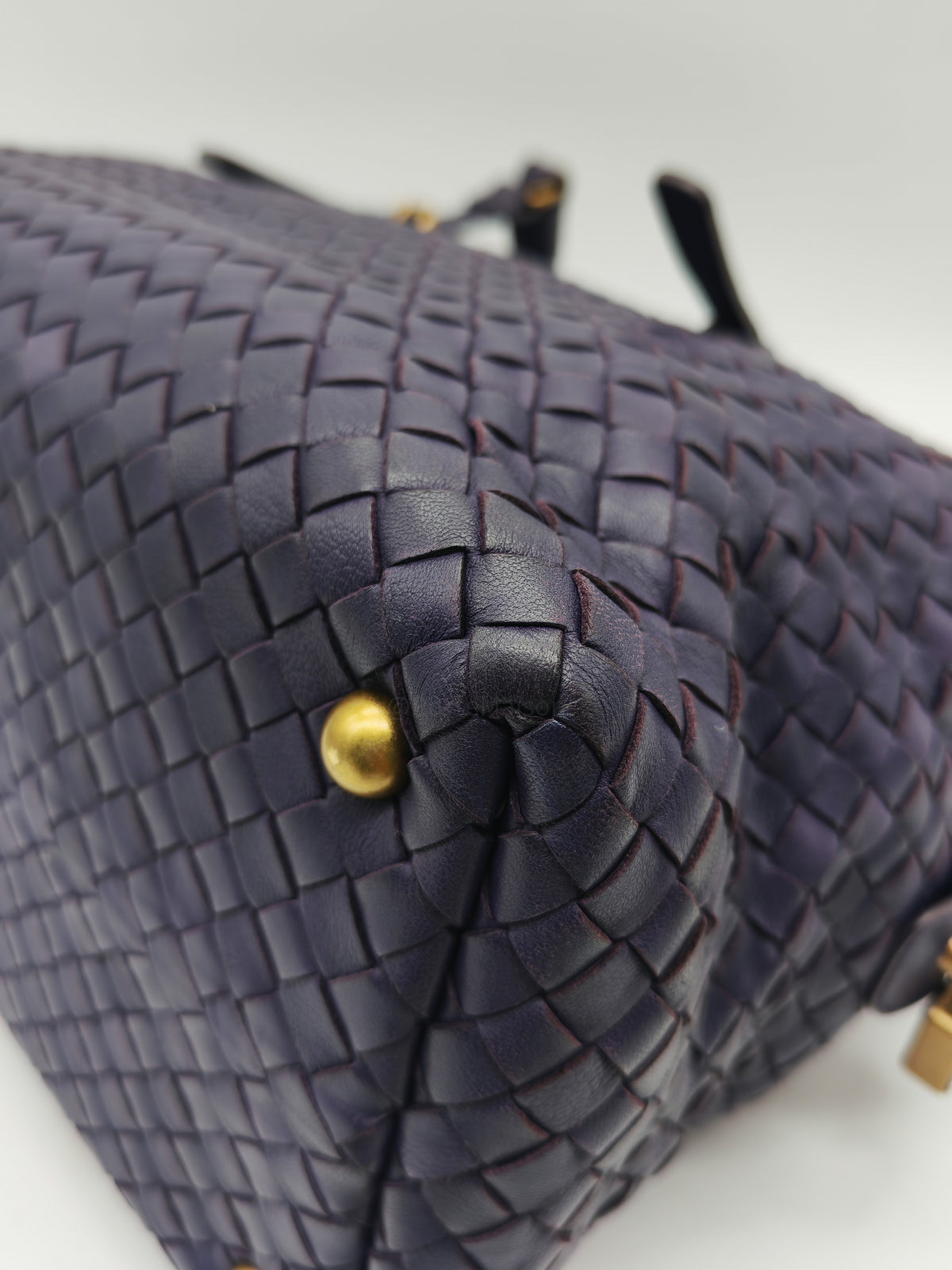 Bottega Veneta Montaigne Satchel Bag in Purple Intrecciato Woven Leather and Aged Gold Hardware
