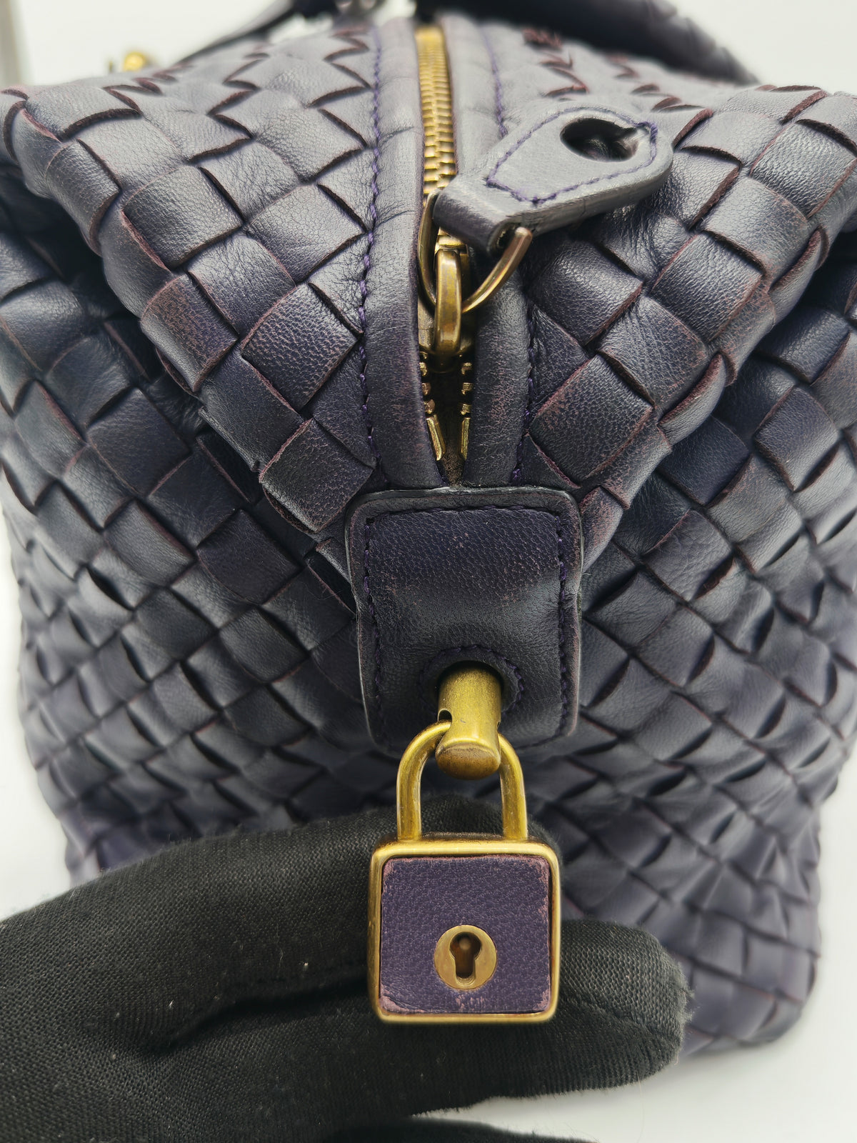 Bottega Veneta Montaigne Satchel Bag in Purple Intrecciato Woven Leather and Aged Gold Hardware