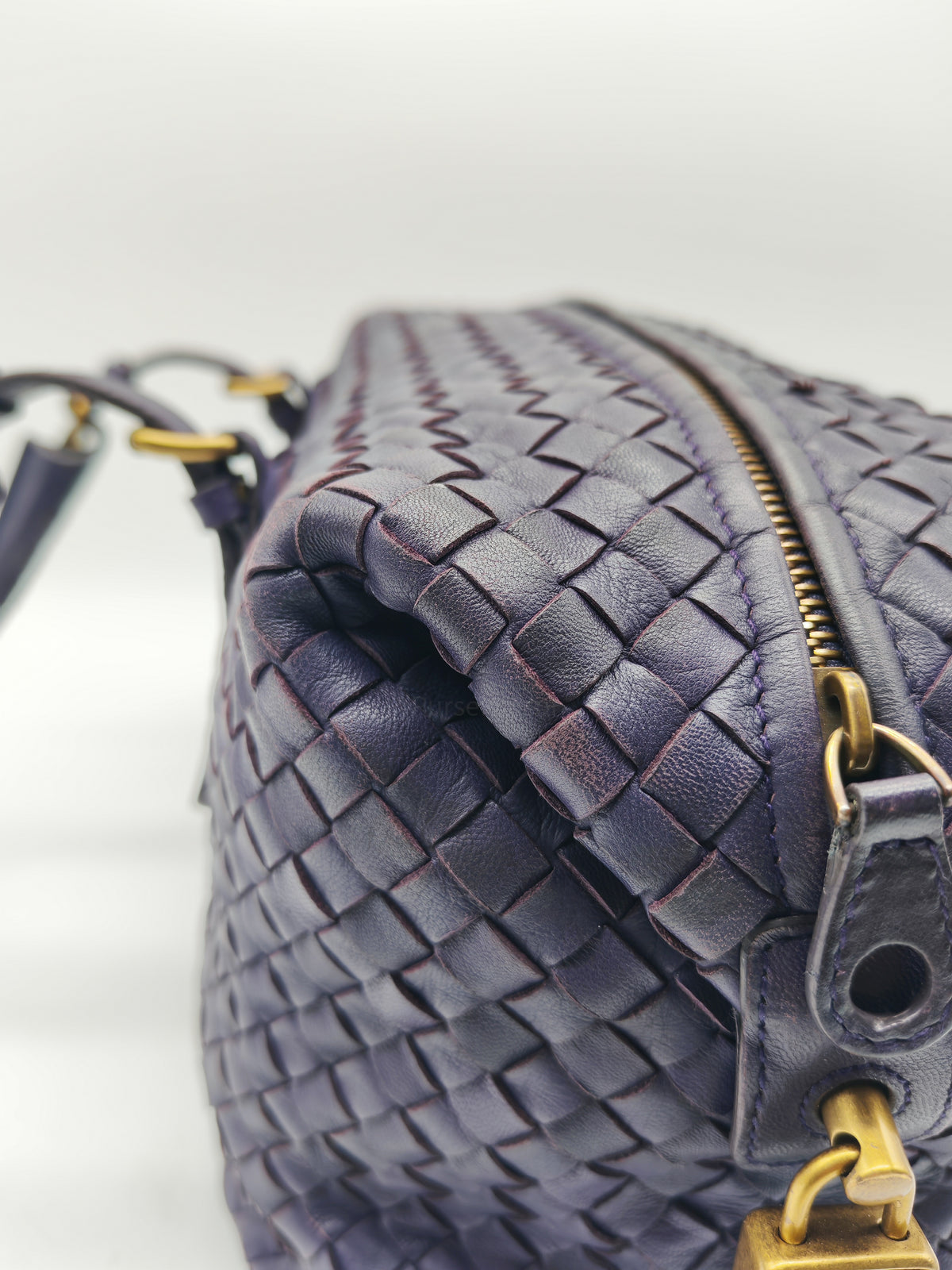 Bottega Veneta Montaigne Satchel Bag in Purple Intrecciato Woven Leather and Aged Gold Hardware