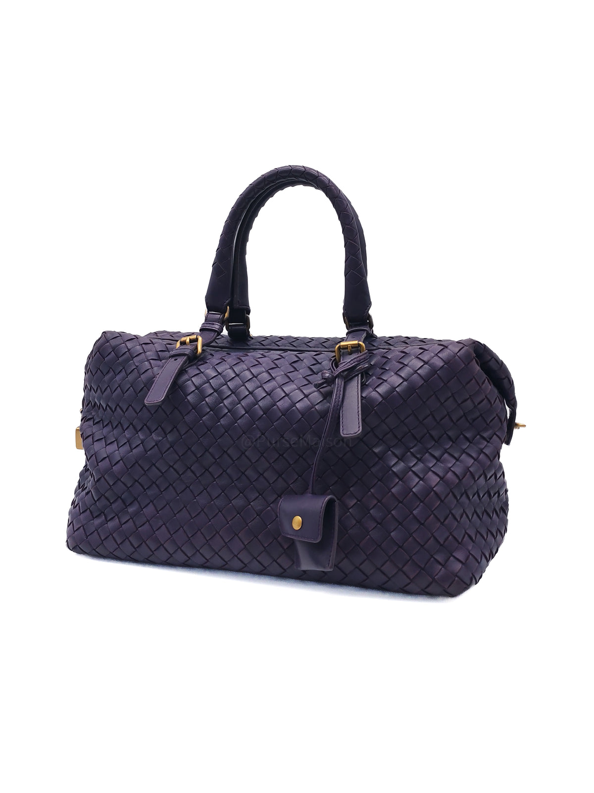 Bottega Veneta Montaigne Satchel Bag in Purple Intrecciato Woven Leather and Aged Gold Hardware