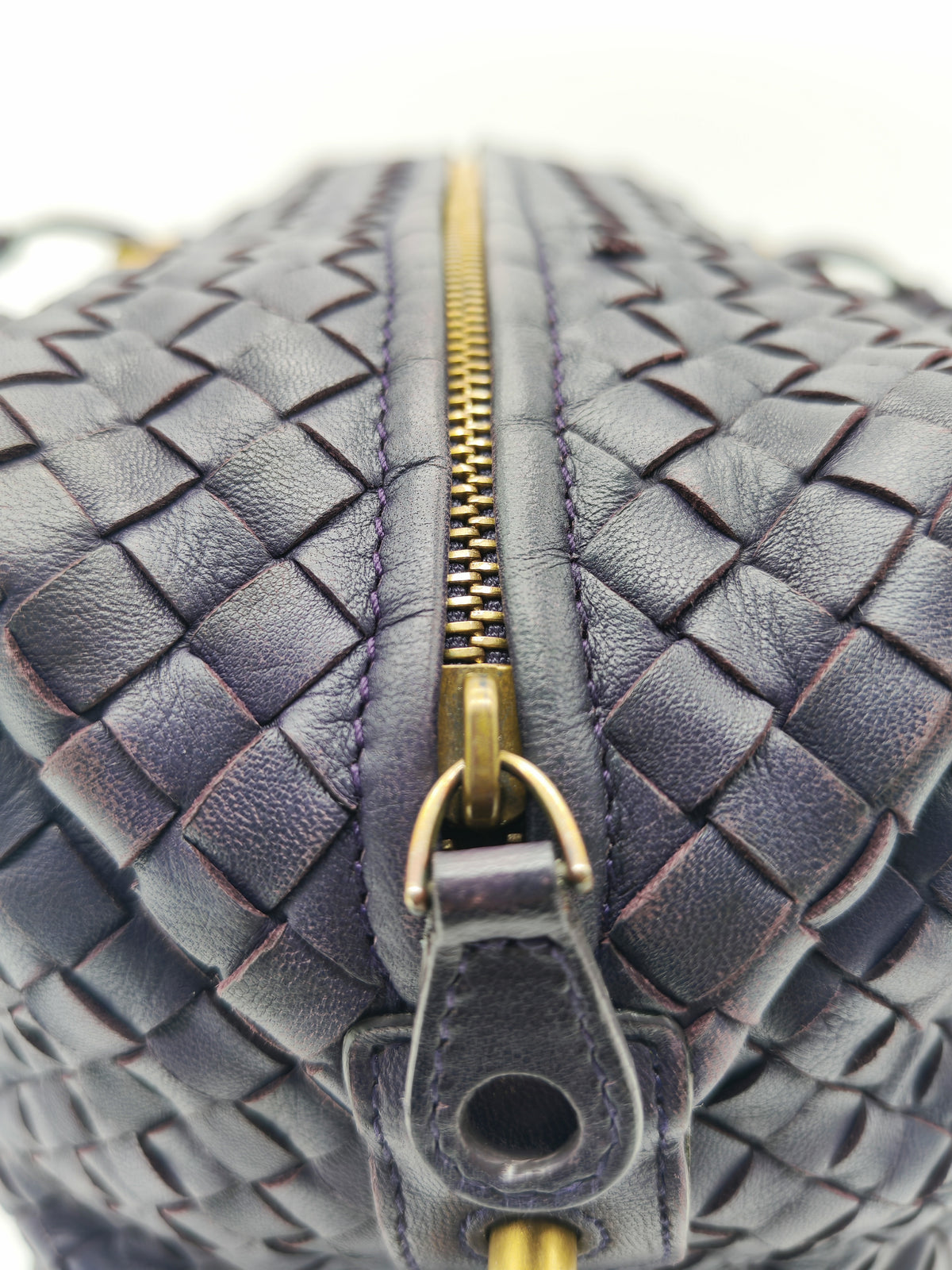 Bottega Veneta Montaigne Satchel Bag in Purple Intrecciato Woven Leather and Aged Gold Hardware