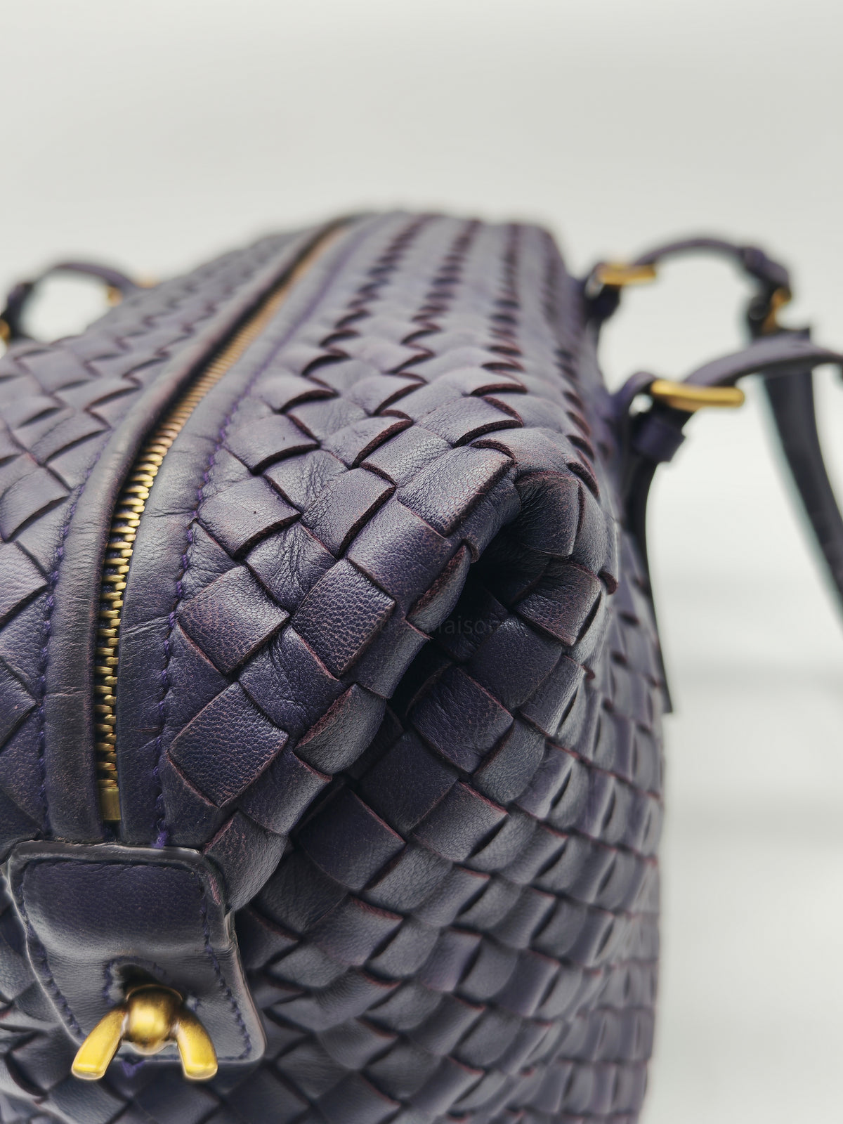 Bottega Veneta Montaigne Satchel Bag in Purple Intrecciato Woven Leather and Aged Gold Hardware