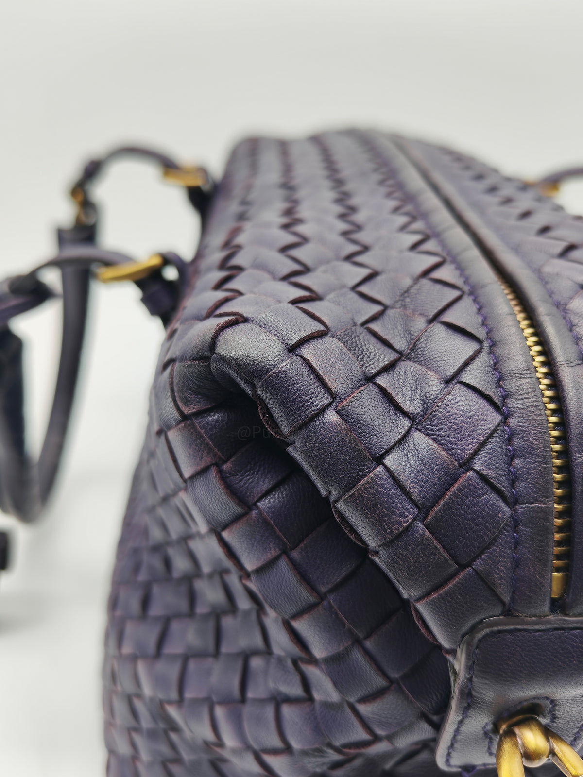 Bottega Veneta Montaigne Satchel Bag in Purple Intrecciato Woven Leather and Aged Gold Hardware