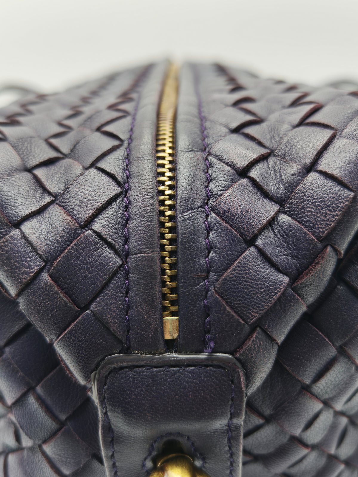 Bottega Veneta Montaigne Satchel Bag in Purple Intrecciato Woven Leather and Aged Gold Hardware