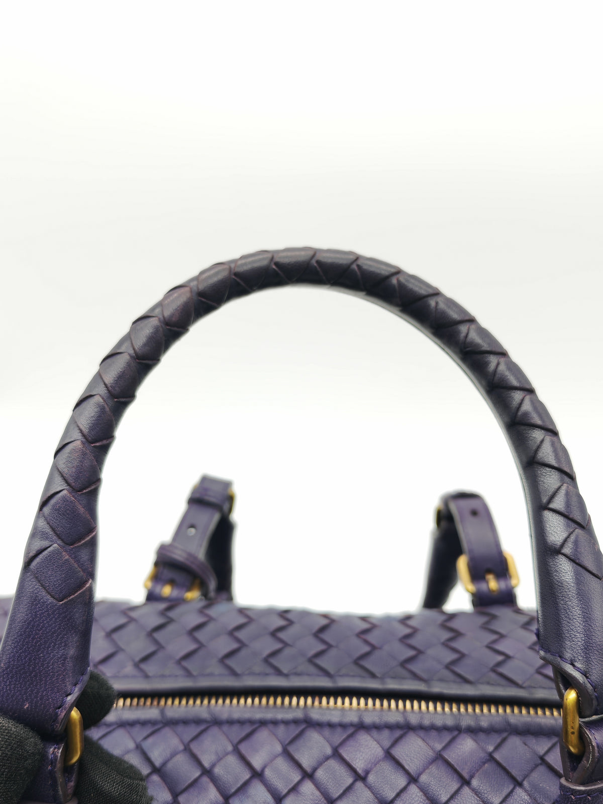 Bottega Veneta Montaigne Satchel Bag in Purple Intrecciato Woven Leather and Aged Gold Hardware