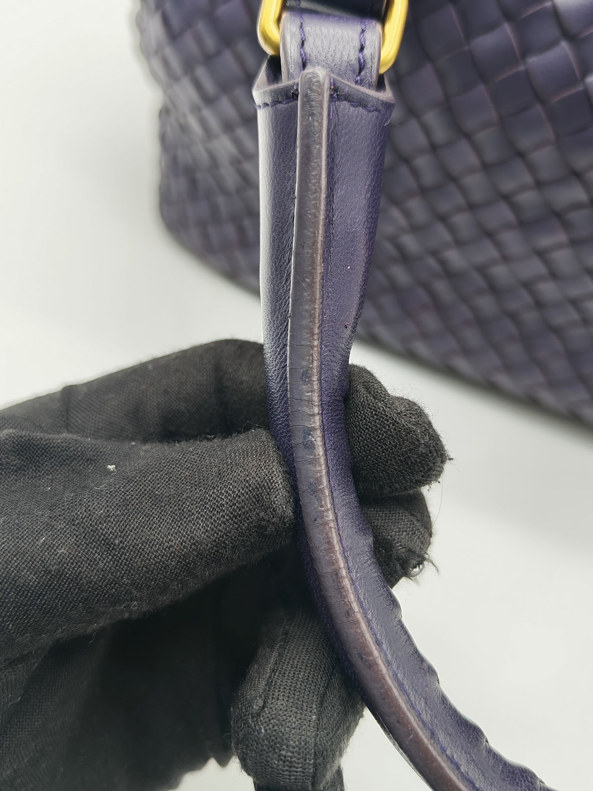 Bottega Veneta Montaigne Satchel Bag in Purple Intrecciato Woven Leather and Aged Gold Hardware