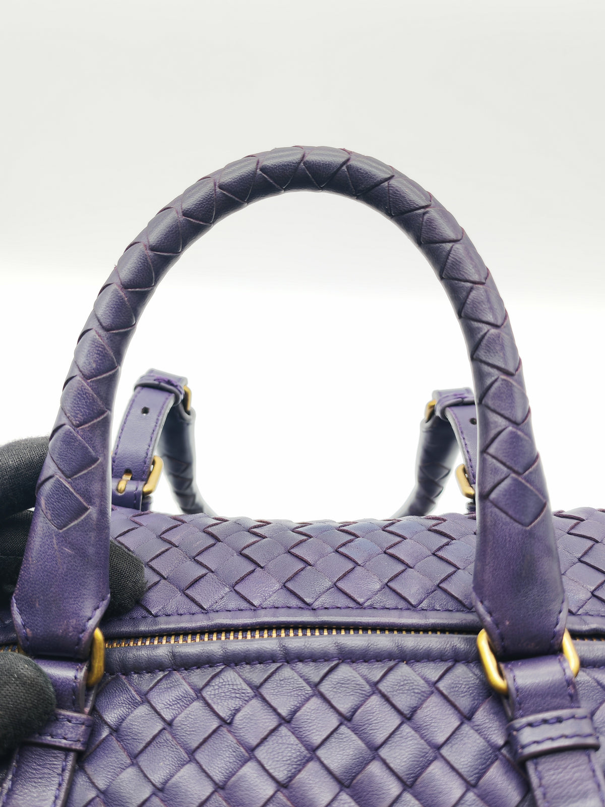 Bottega Veneta Montaigne Satchel Bag in Purple Intrecciato Woven Leather and Aged Gold Hardware