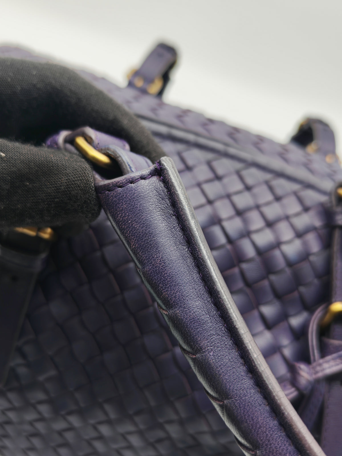 Bottega Veneta Montaigne Satchel Bag in Purple Intrecciato Woven Leather and Aged Gold Hardware