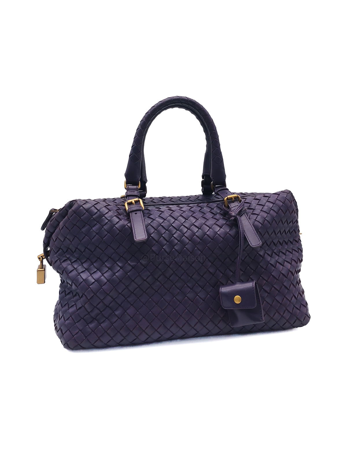Bottega Veneta Montaigne Satchel Bag in Purple Intrecciato Woven Leather and Aged Gold Hardware