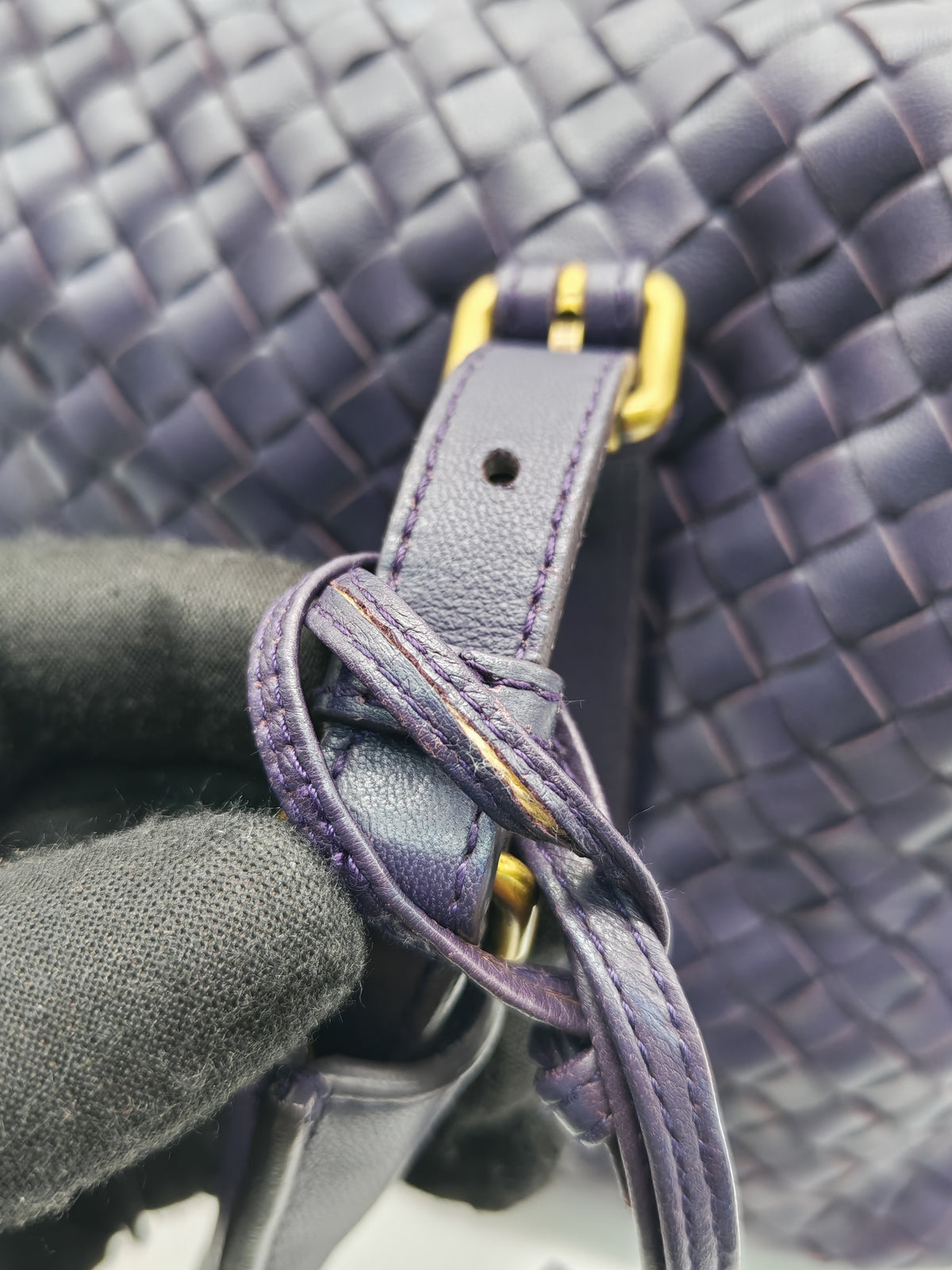 Bottega Veneta Montaigne Satchel Bag in Purple Intrecciato Woven Leather and Aged Gold Hardware