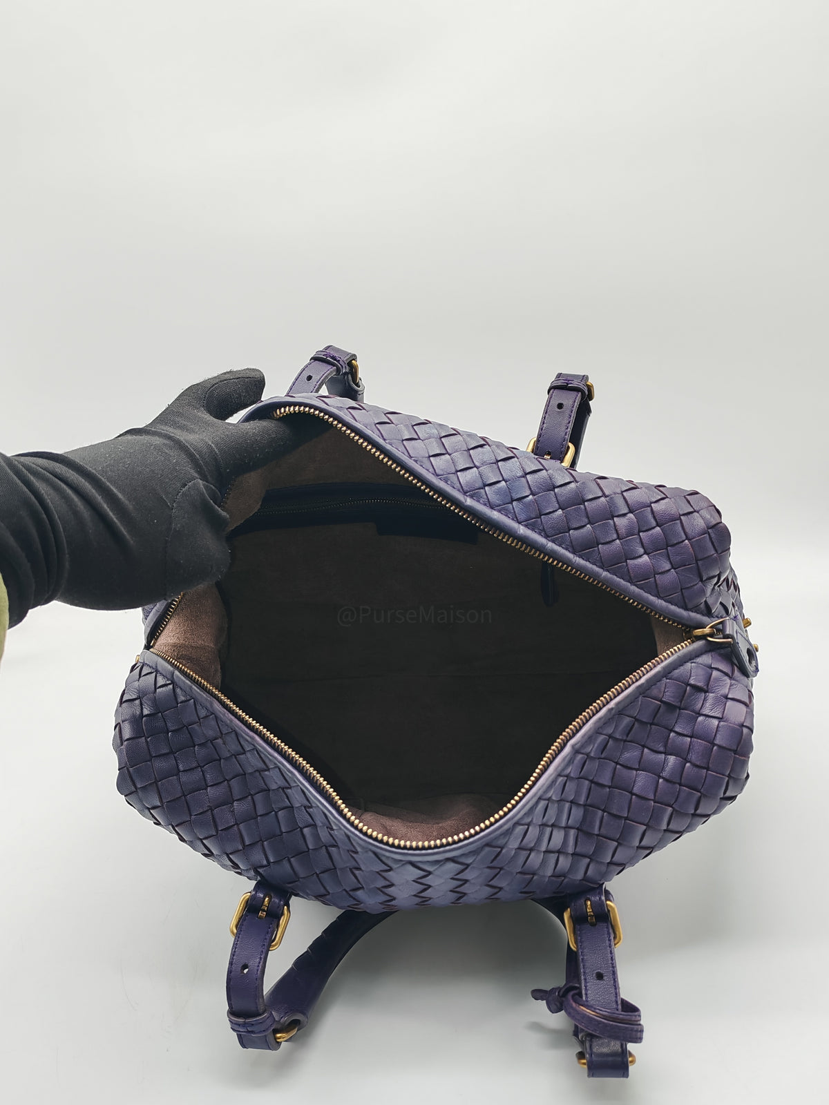 Bottega Veneta Montaigne Satchel Bag in Purple Intrecciato Woven Leather and Aged Gold Hardware