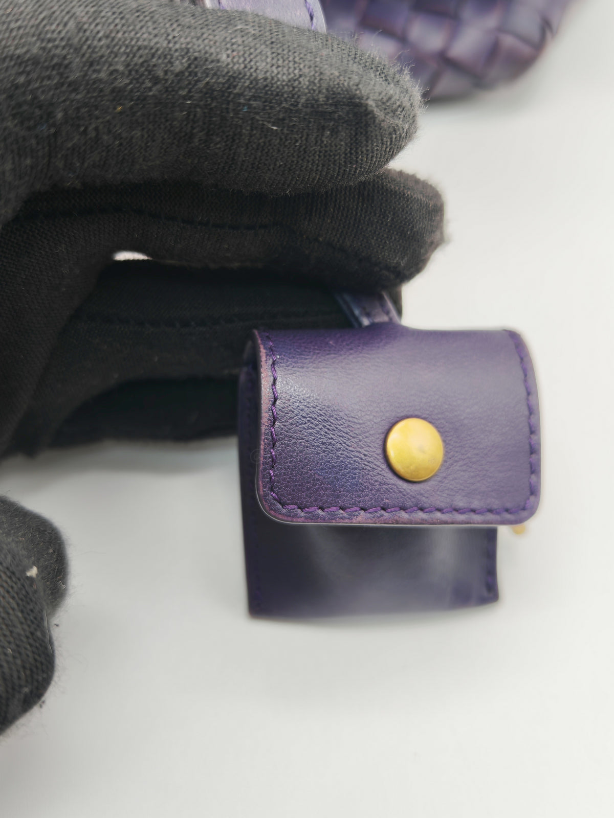 Bottega Veneta Montaigne Satchel Bag in Purple Intrecciato Woven Leather and Aged Gold Hardware