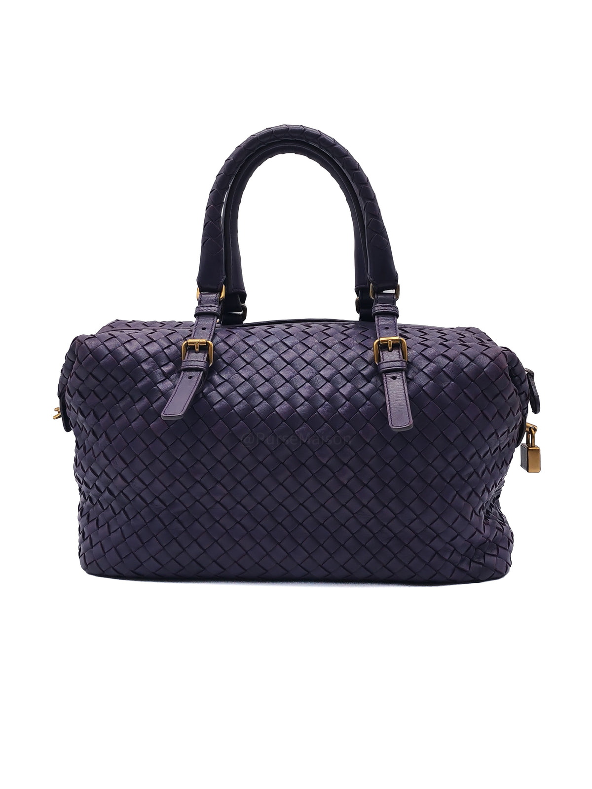 Bottega Veneta Montaigne Satchel Bag in Purple Intrecciato Woven Leather and Aged Gold Hardware