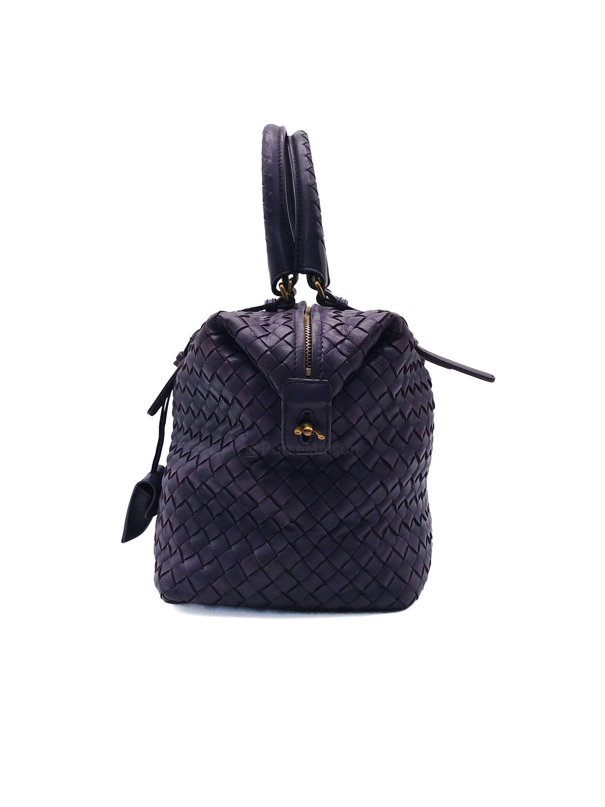 Bottega Veneta Montaigne Satchel Bag in Purple Intrecciato Woven Leather and Aged Gold Hardware