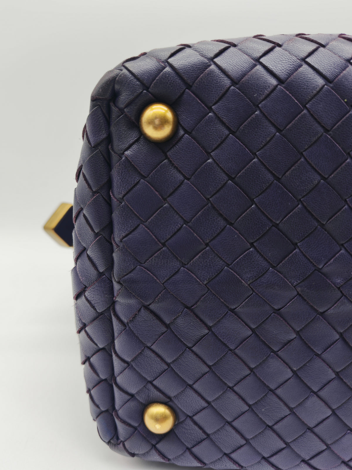 Bottega Veneta Montaigne Satchel Bag in Purple Intrecciato Woven Leather and Aged Gold Hardware