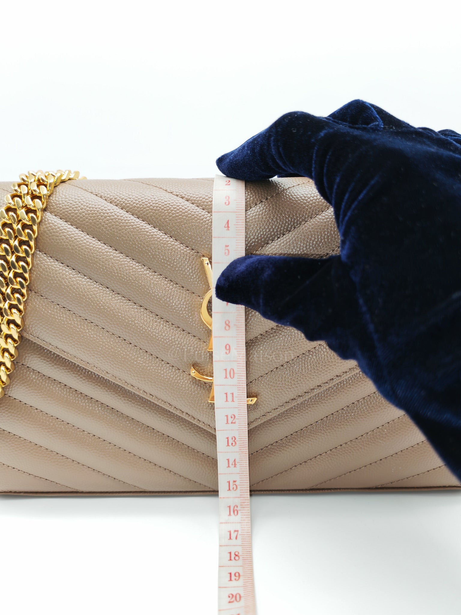 Cassandre Wallet on Chain in Taupe Chevron Quilted Grain De Poudre Calfskin Leather & Gold Hardware