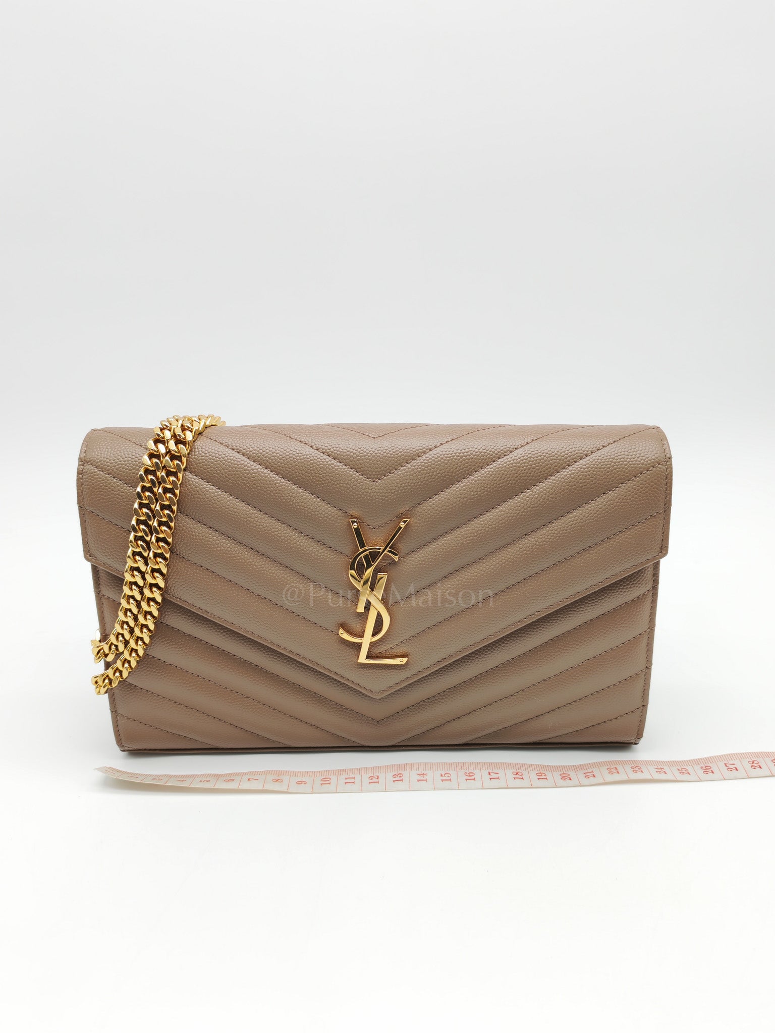 Cassandre Wallet on Chain in Taupe Chevron Quilted Grain De Poudre Calfskin Leather & Gold Hardware