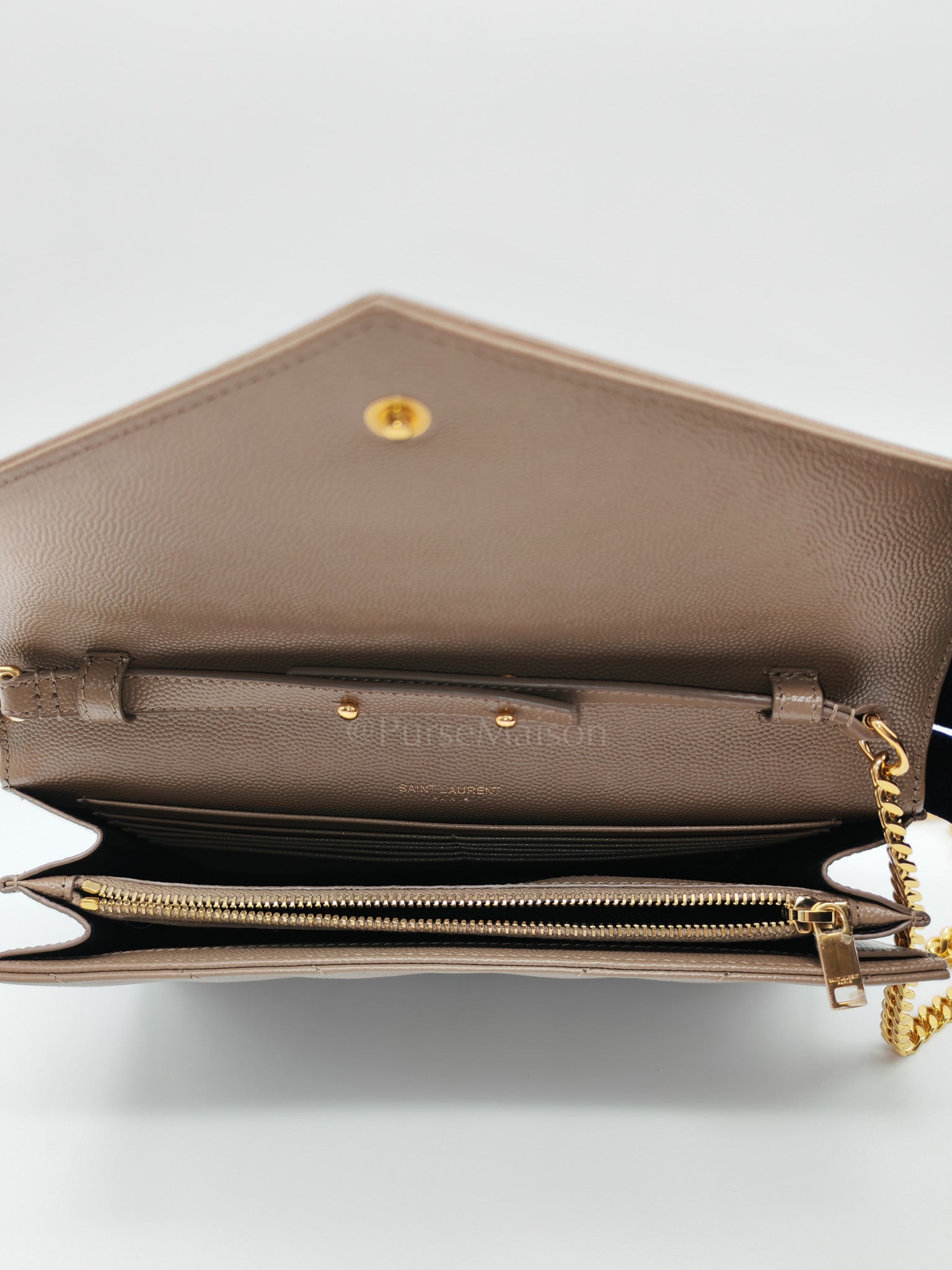Cassandre Wallet on Chain in Taupe Chevron Quilted Grain De Poudre Calfskin Leather & Gold Hardware