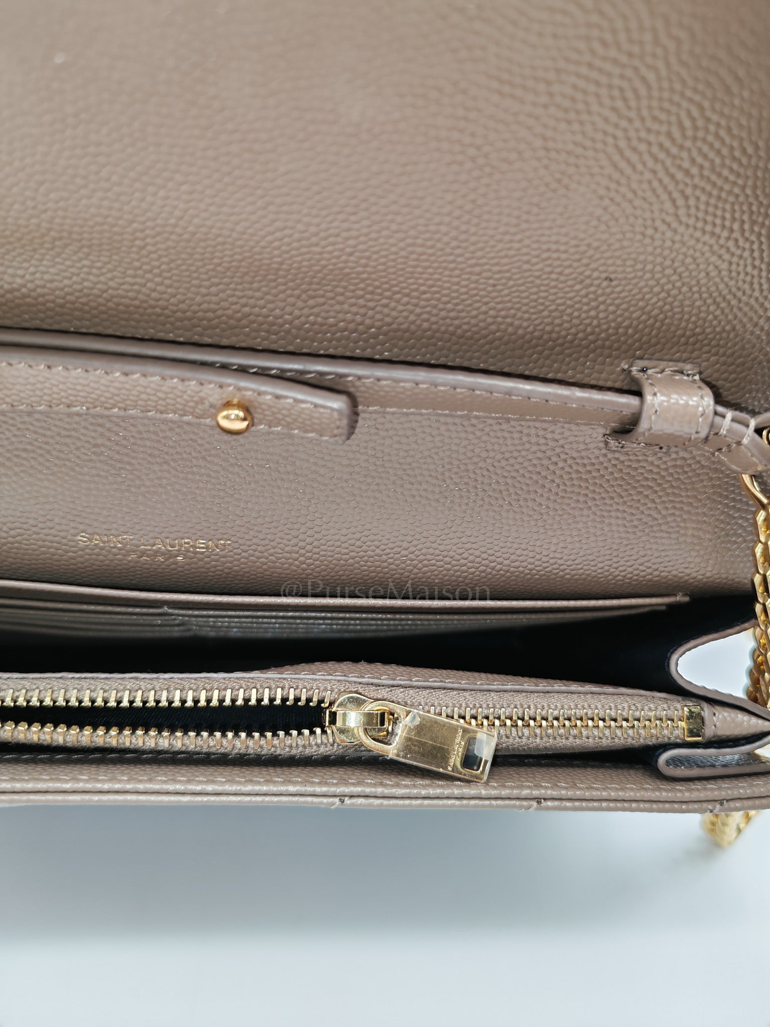 Cassandre Wallet on Chain in Taupe Chevron Quilted Grain De Poudre Calfskin Leather & Gold Hardware