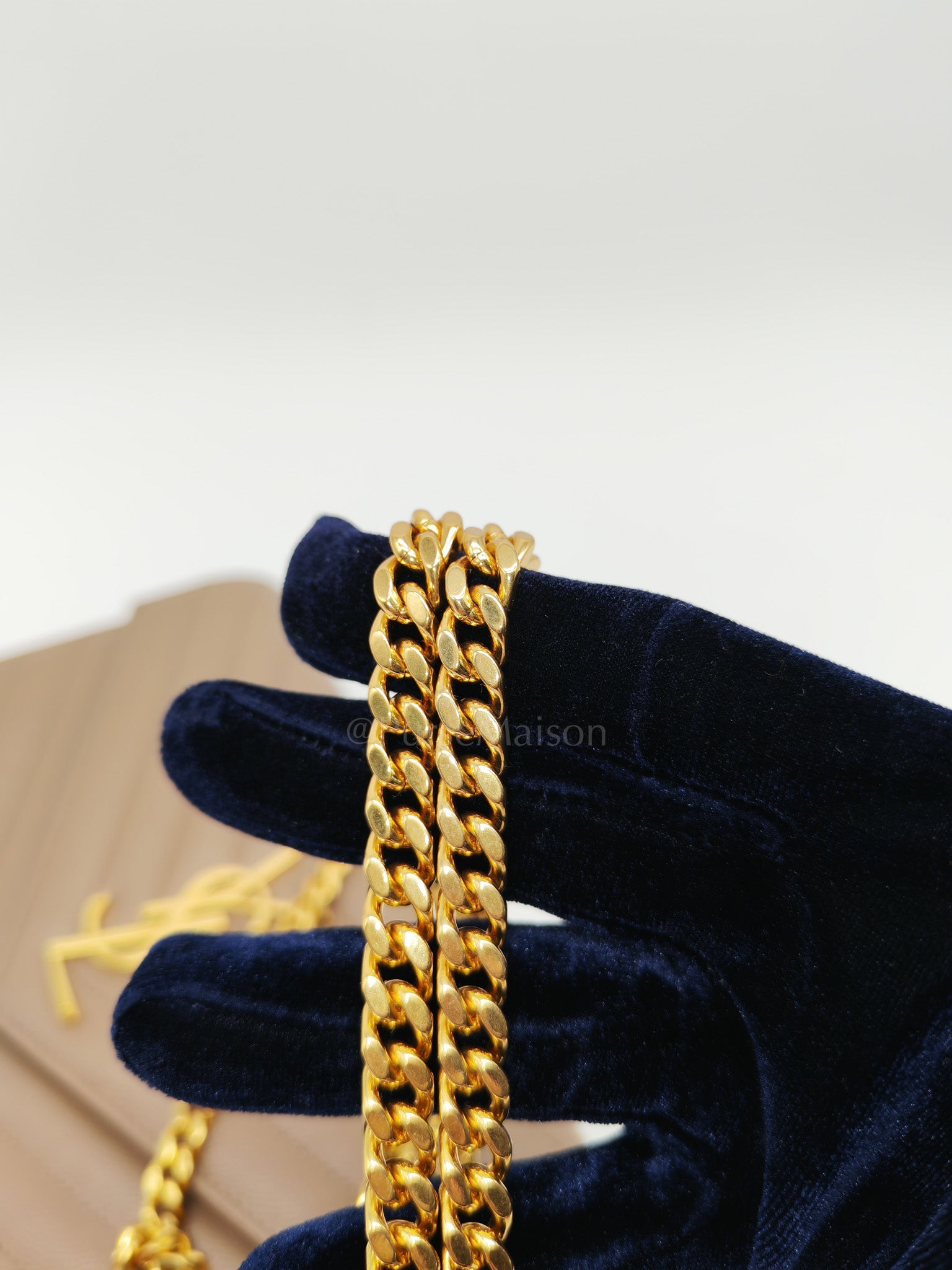 Cassandre Wallet on Chain in Taupe Chevron Quilted Grain De Poudre Calfskin Leather & Gold Hardware