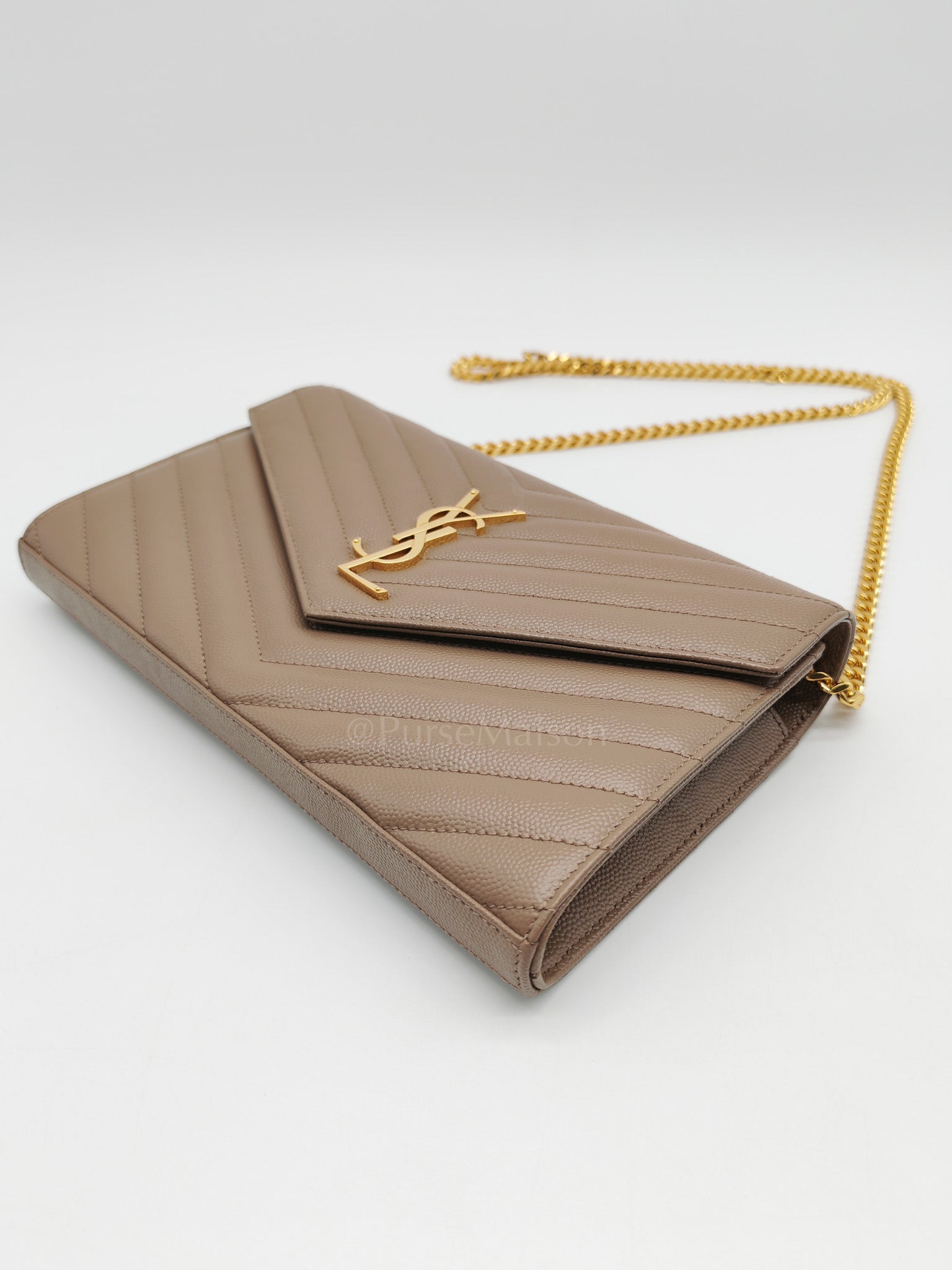 Cassandre Wallet on Chain in Taupe Chevron Quilted Grain De Poudre Calfskin Leather & Gold Hardware
