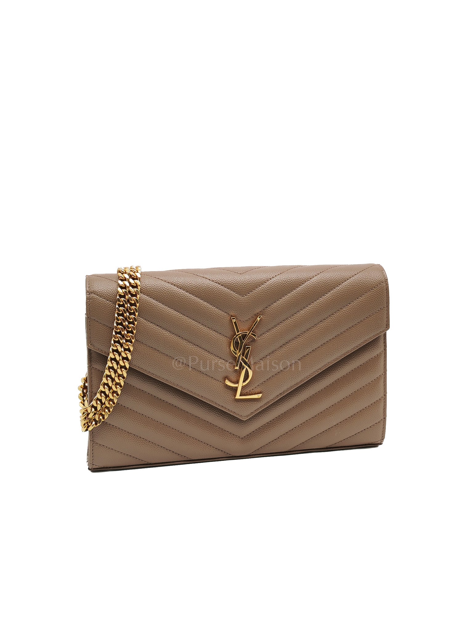 Cassandre Wallet on Chain in Taupe Chevron Quilted Grain De Poudre Calfskin Leather & Gold Hardware