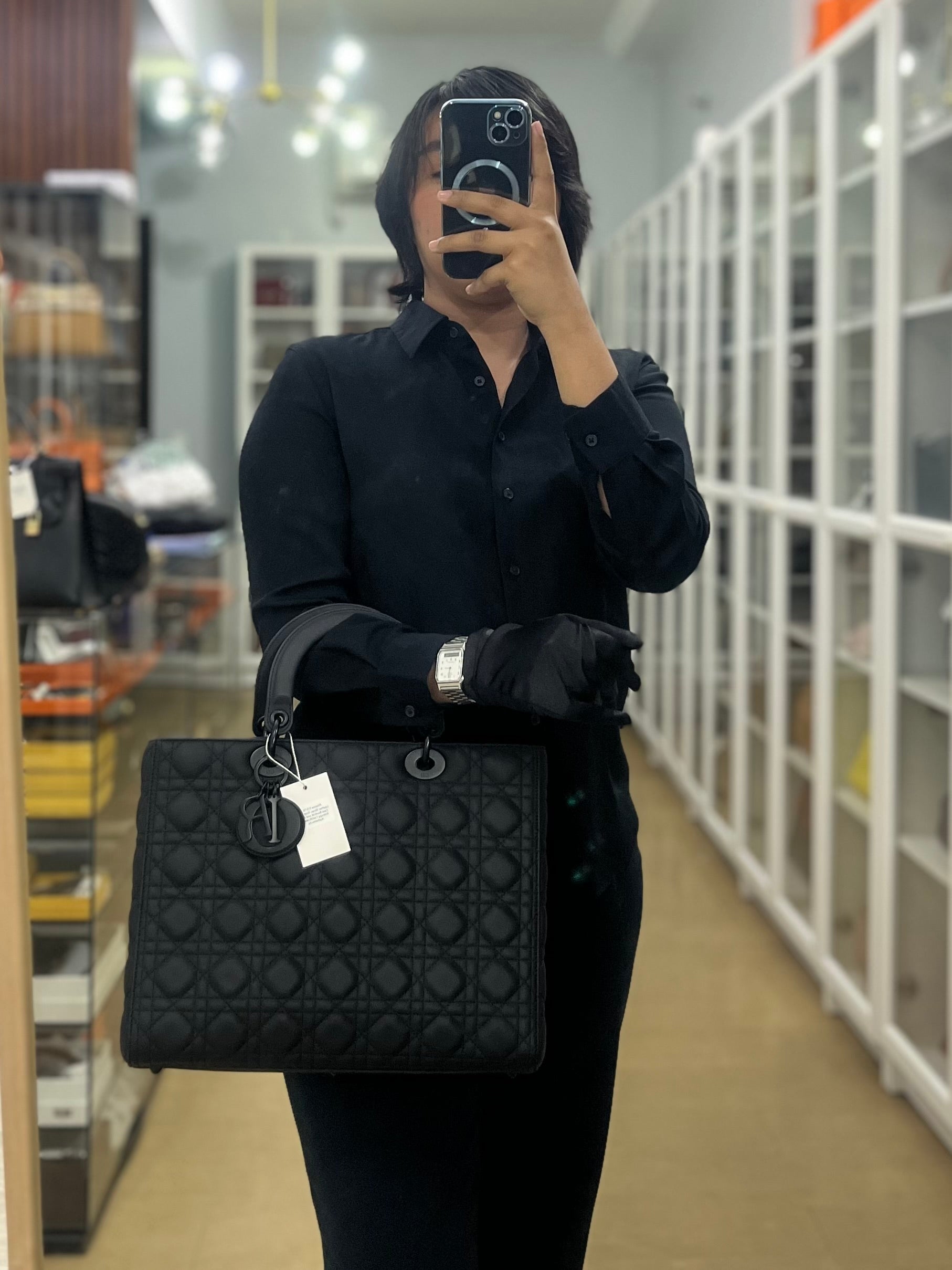 Lady Dior Large Black Ultramatte Cannage Calfskin