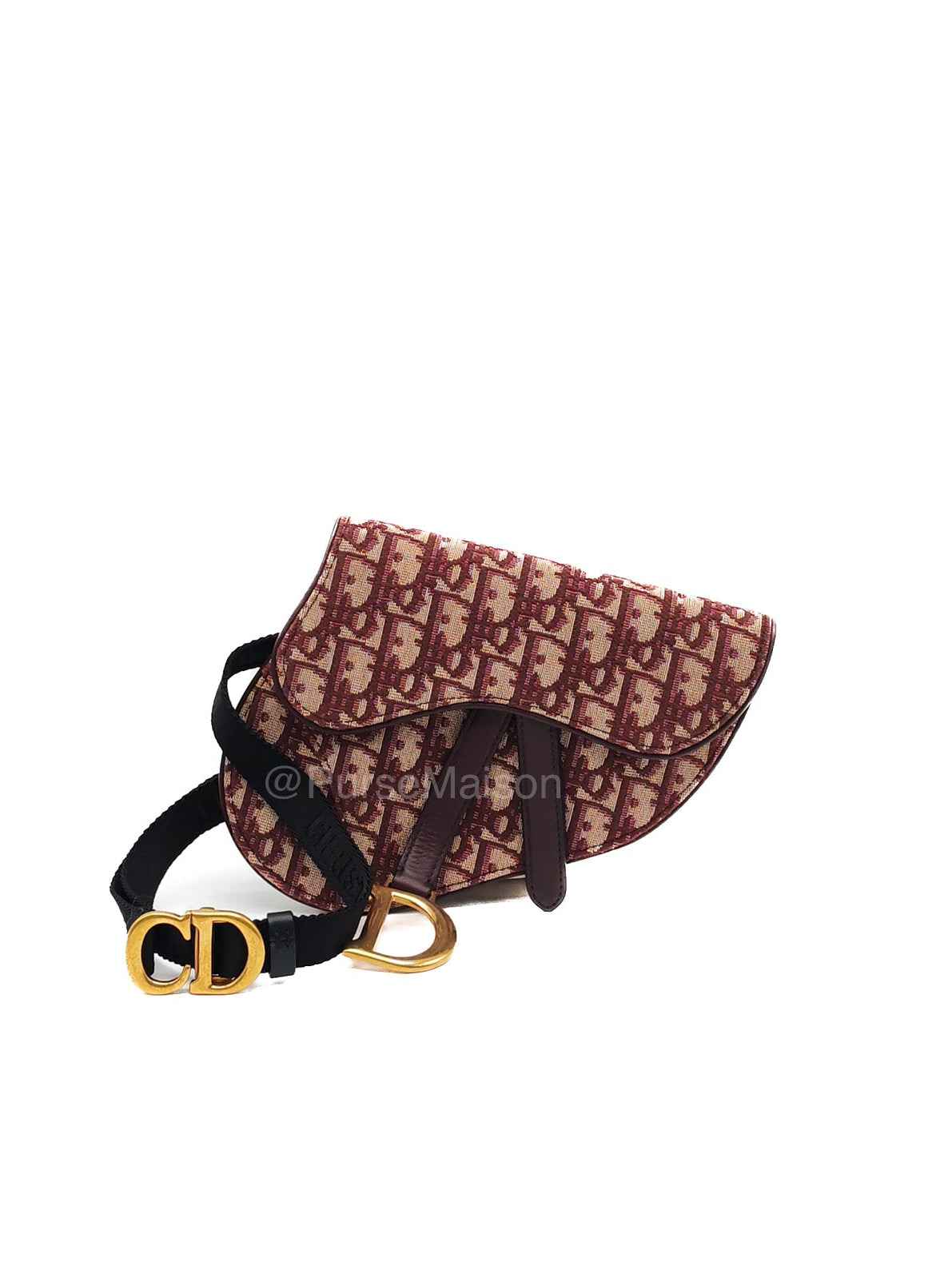 Christian Dior Saddle Belt Pouch in Burgundy Oblique Jacquar Canvas and Gold Hardware