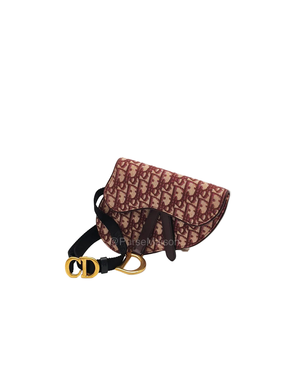 Christian Dior Saddle Belt Pouch in Burgundy Oblique Jacquar Canvas and Gold Hardware