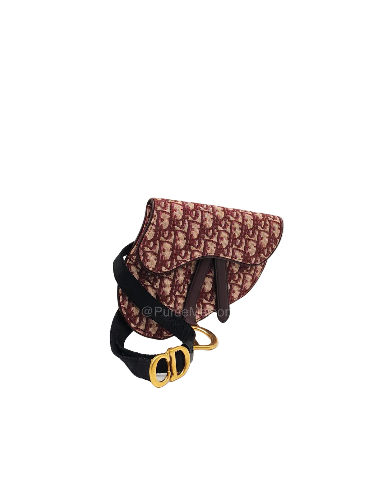 Christian Dior Saddle Belt Pouch in Burgundy Oblique Jacquar Canvas and Gold Hardware